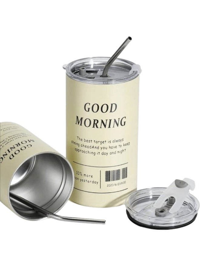 كوب سفر وتخييم معزول بتفريغ الهواء بجدار مزدوج سعة 600 مل - حامل قهوة ومشروبات من الفولاذ المقاوم للصدأ مقاوم للانسكاب مع ماصة وغطاء - بيج - Image 1